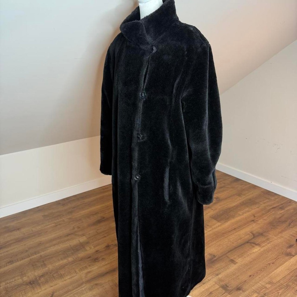 Reversible Black Faux Fur Maxi Coat Mob Wife Quiet Luxury Winter Glam Party Cozy - Picture 2 of 8